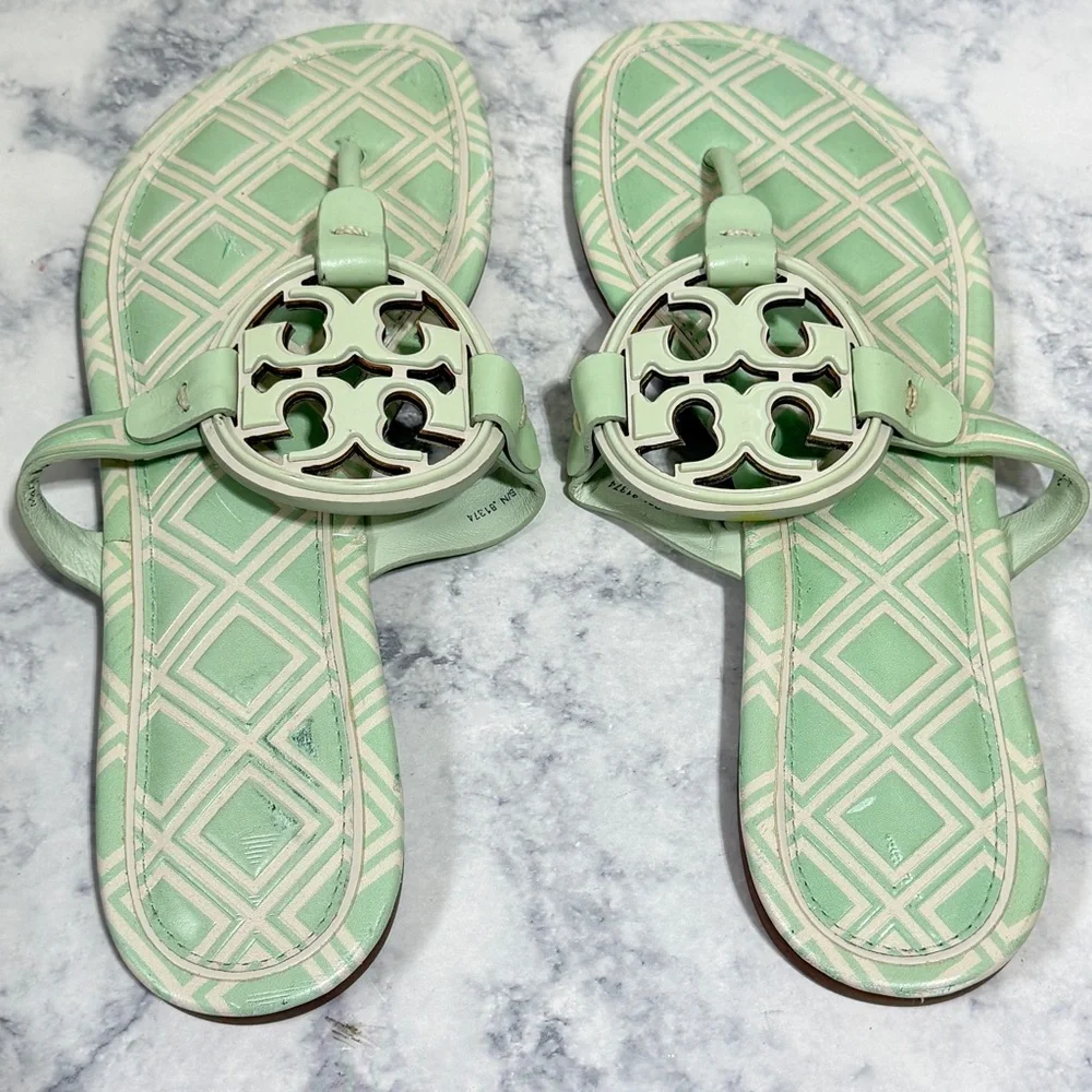 Tory Burch Women's Metal Miller Sandals New Ivory Meadow teal Mist size 8